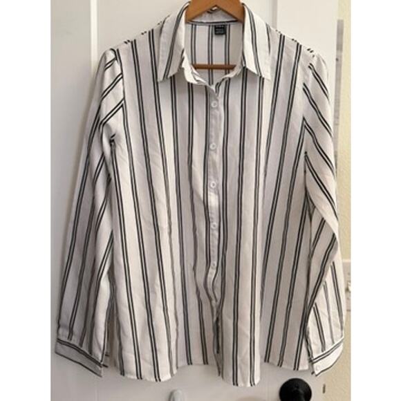 Women’s Black White Vertical Striped Button-Down Workwear Blouse Stretch Shein - Picture 1 of 7